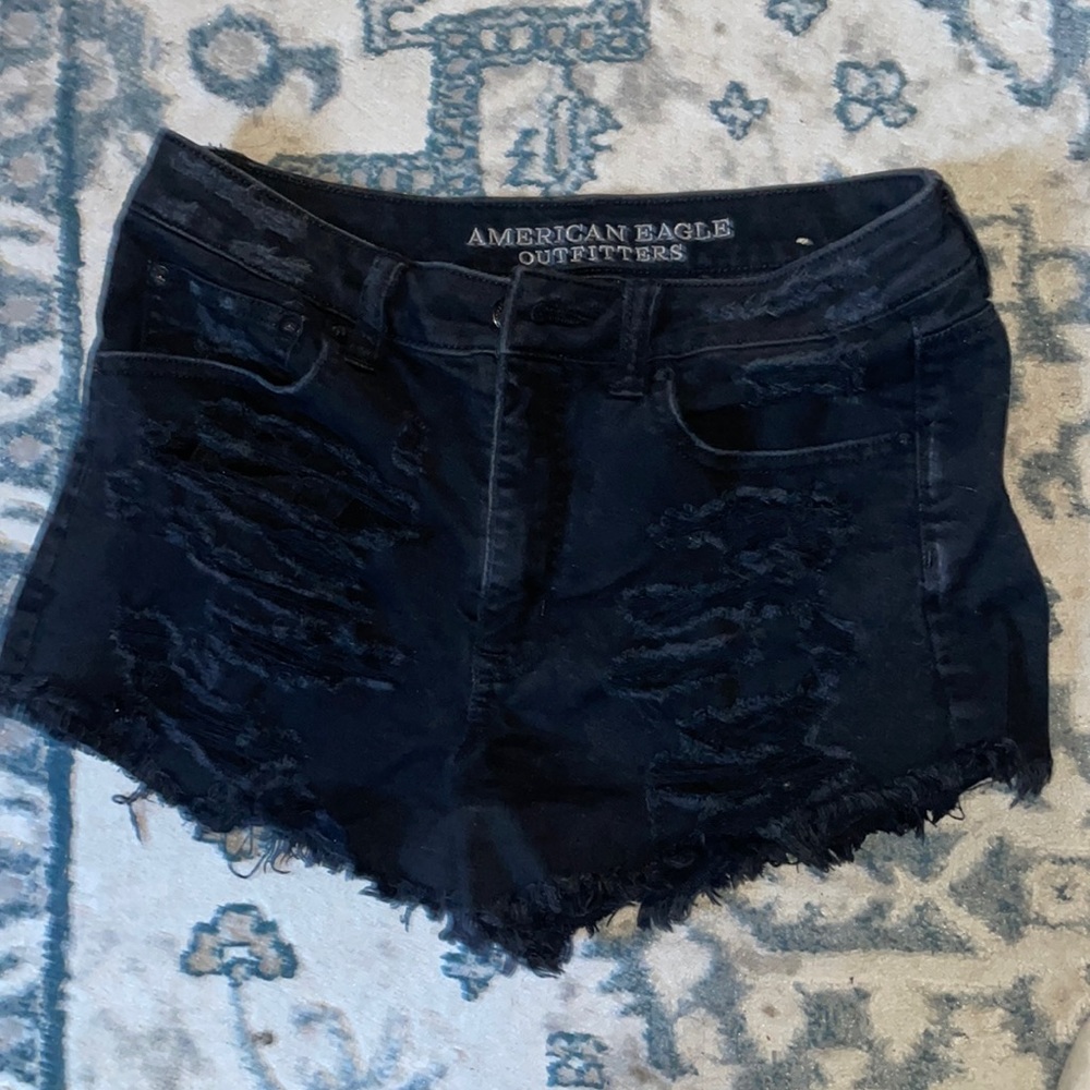 American Eagle Black Stretch Ripped Jean Shorts